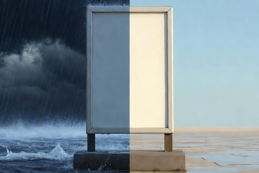 Weatherproof outdoor sign which is designed for microclimates