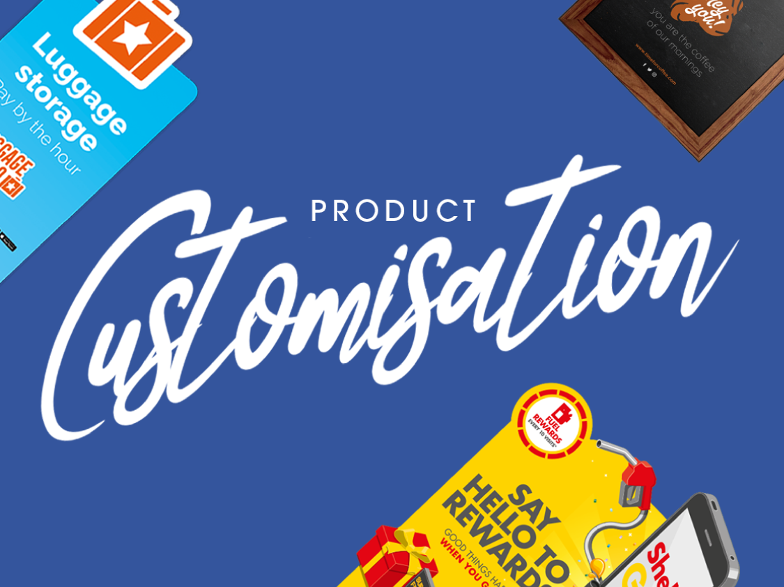 Product Customisation wording with a shaped POW! sign, a shaped Ecoflex sign and a printed Frameworkz Snapframe on Signwaves ocean blue background