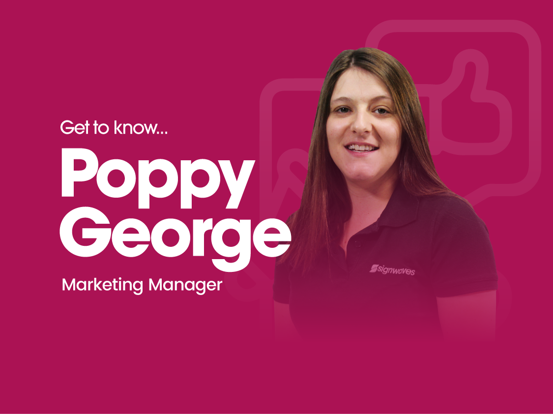 Portrait photo of Poppy George with overlay text saying Poppy George, Marketing Manager