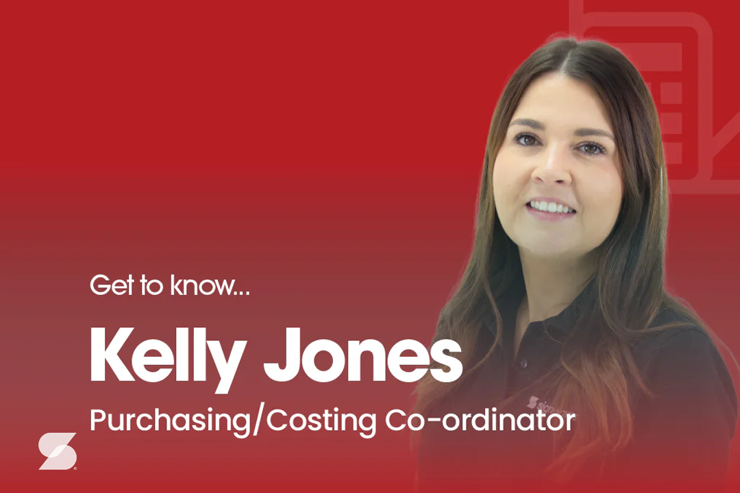 A bright red background with a photo of Kelly Jones on the right side. On the left side it reads "Get to know, Kelly Jones, Purchasing/Costing co-ordinator