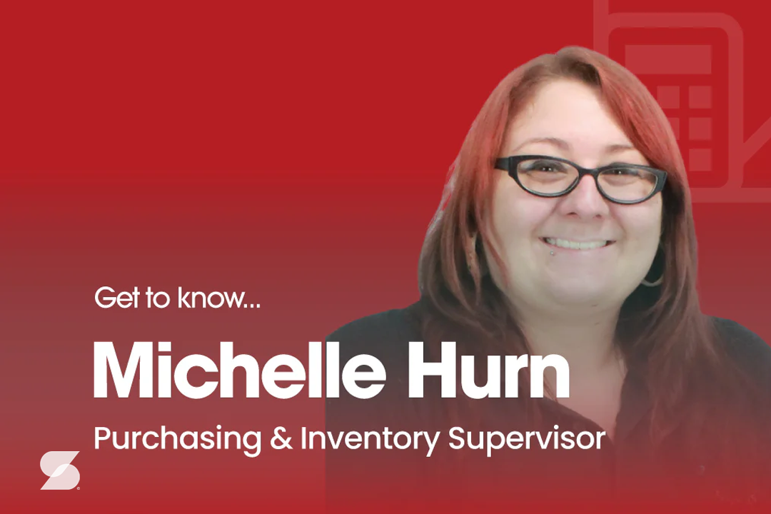 A red background with a photo of Michelle Hurn on the right hand side. Text reads Get to know... Michelle Hurn Purchasing & Inventory Supervisor. In the bottom left corner is a white Signwaves icon.