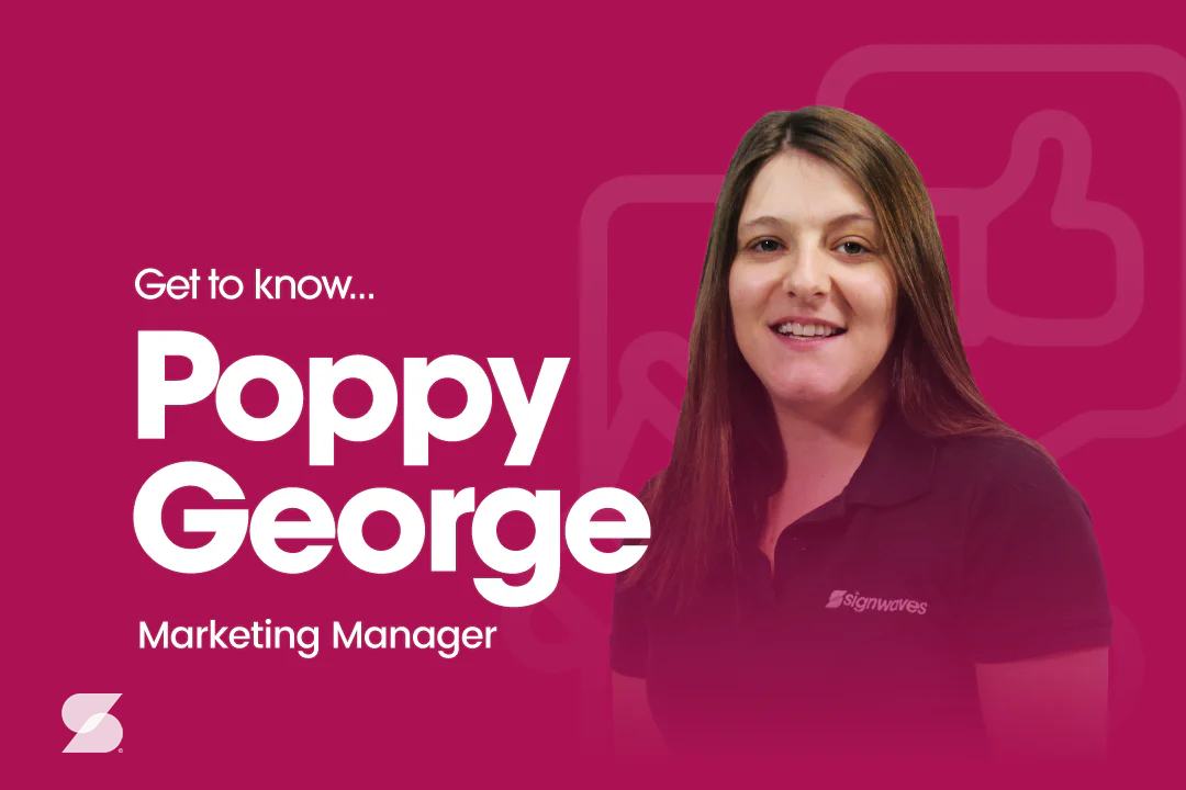 Portrait photo of Poppy George with overlay text saying Poppy George, Marketing Manager