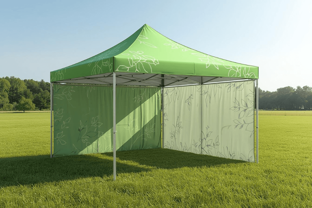 Custom printed gazebo in a grassy field with green canopy and aluminium frame used for outdoor events and branded exhibition displays.