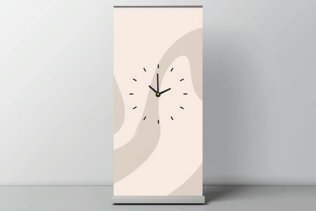 A Roller Banner on a plain background featuring a printed clock graphic.
