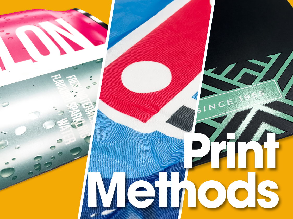 Print Methods text laid over 3 images of different printed products.