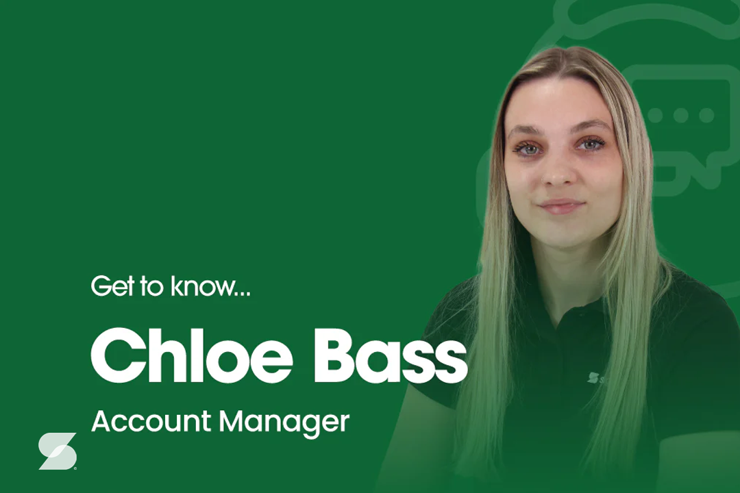 A green background with the text "Get to know Chloe Bass Account Manager" and a photo of Chloe Bass