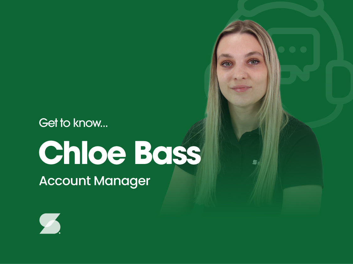 A green background with the text "Get to know Chloe Bass Account Manager" and a photo of Chloe Bass