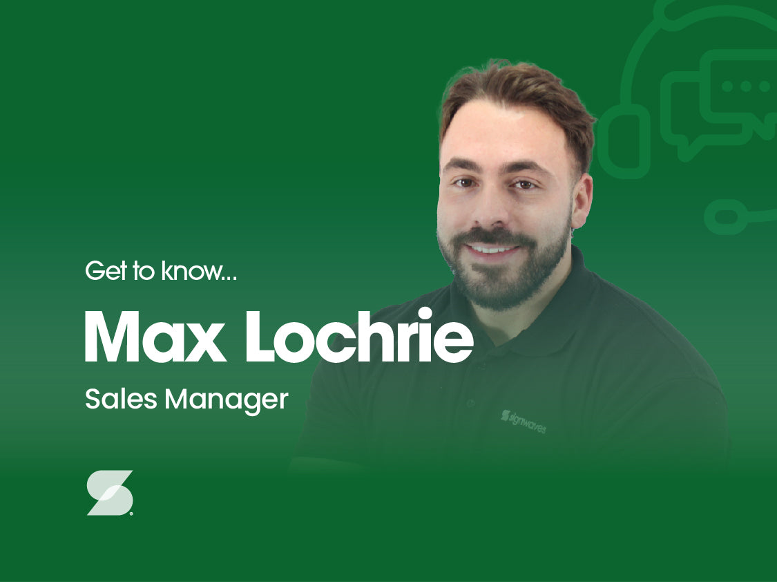 green background with a photo of Max Lochrie on the right hand side. Text reads "Get to know Max Lochrie, Sales Manager"