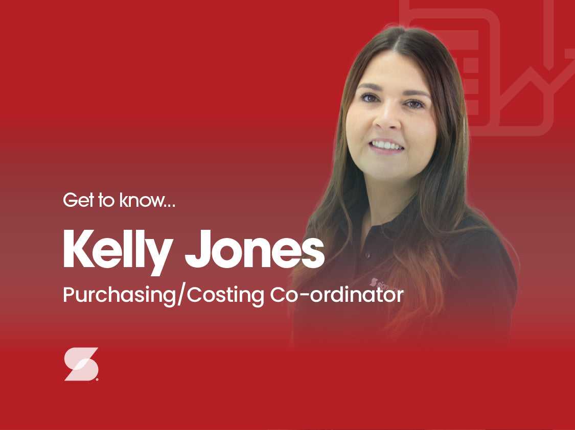A bright red background with a photo of Kelly Jones on the right side. On the left side it reads "Get to know, Kelly Jones, Purchasing/Costing co-ordinator