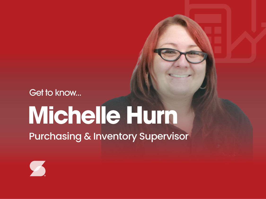 A red background with a photo of Michelle Hurn on the right hand side. Text reads Get to know... Michelle Hurn Purchasing & Inventory Supervisor. In the bottom left corner is a white Signwaves icon.