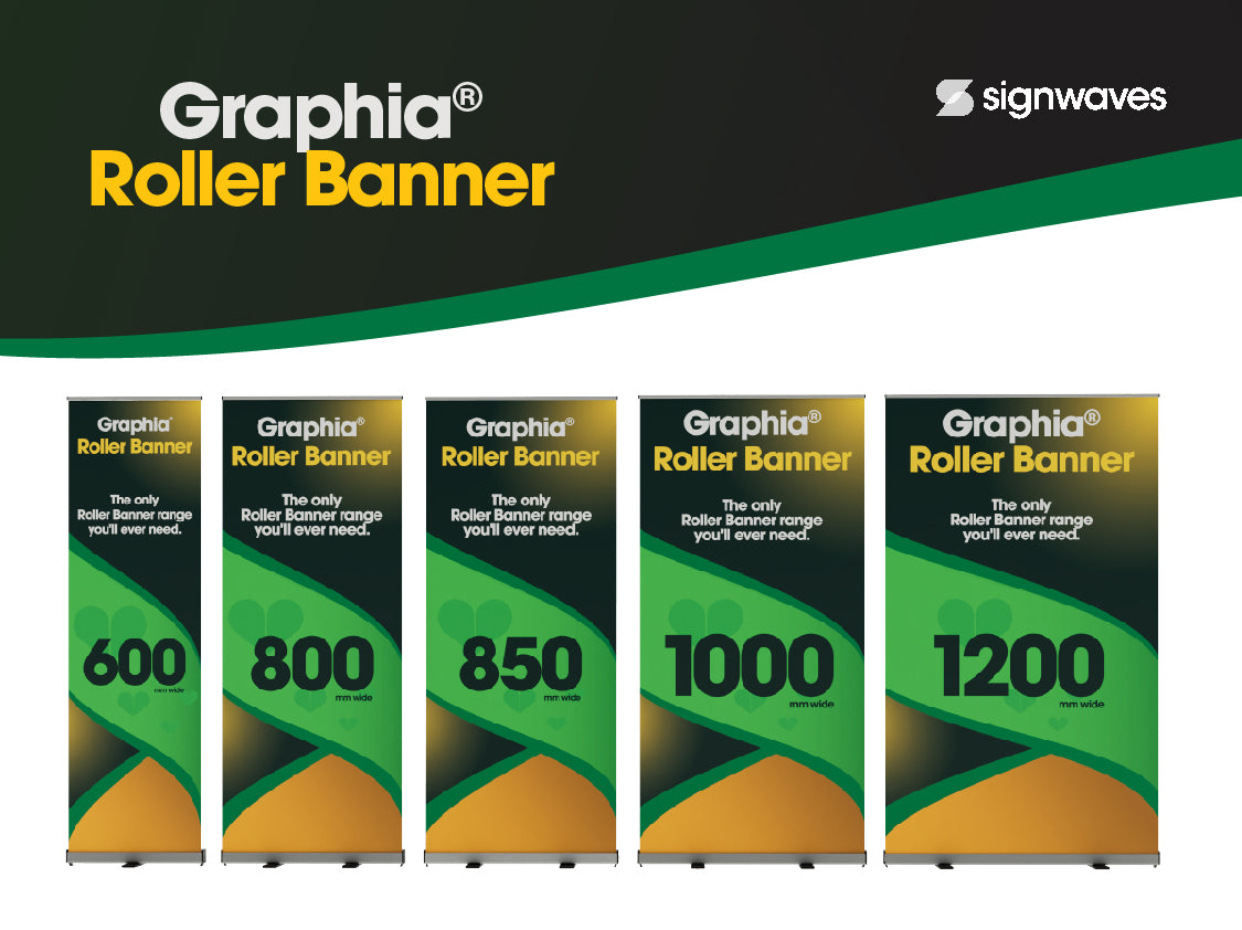Graphia® Roller Banner line up showing 5 widths; 600mm, 800mm, 850mm, 1000mm and 1200mm.
