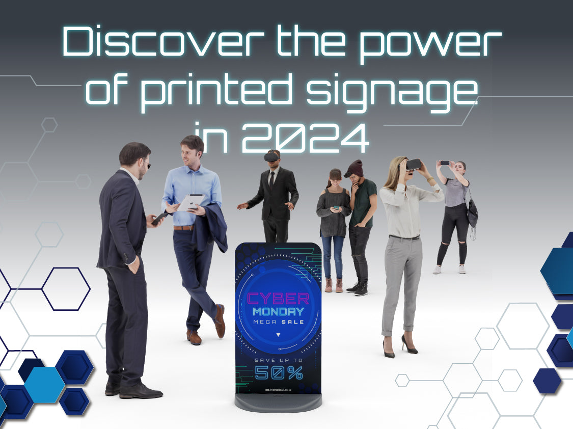 A light background with people using VR headsets and on digital devices. In the centre is an Ecoflex pavement sign advertising a cyber Monday sale.