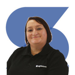 Angela, Account Manager at Signwaves Ltd on top of the brand logo