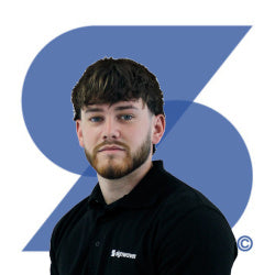 Billy, Marketing Co-ordinator at Signwaves Ltd on top of the brand logo