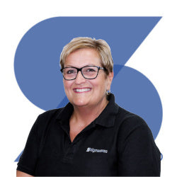 Cheryl, Key Account Manager at Signwaves Ltd on top of the brand logo