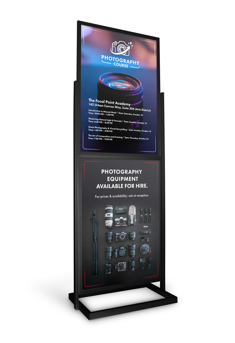 Double Tier Floor Standing Poster Pillar in Black advertising Photography Courses