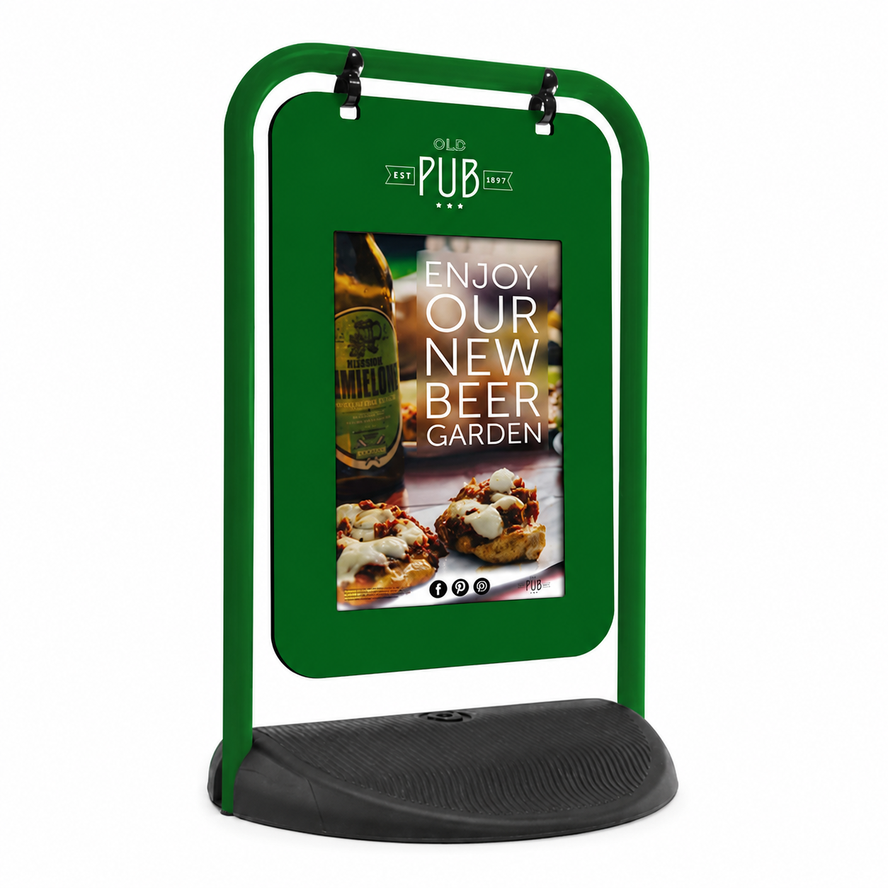 Eco Swinger with custom colour frame and custom colour Poster Pocket showing pub artwork