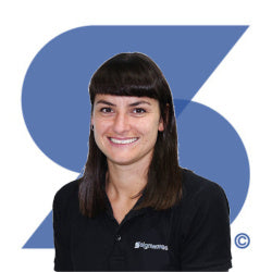 Heather, Senior Customer Service Advisor at Signwaves Ltd on top of the brand logo