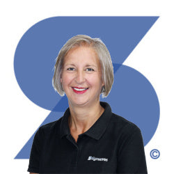 Jane, Senior Customer Service Advisor at Signwaves Ltd on top of the brand logo