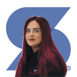 Kelly, Sales Coordinator at Signwaves Ltd on top of the brand logo