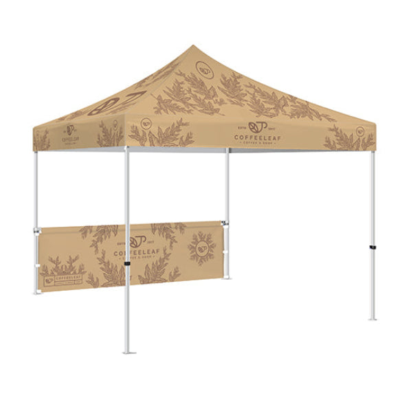 Printed Gazebo Kit 2 - 3M x 3M - Gazebo frame with printed canopy / half height rear wall featuring double sided coffee brand artwork.