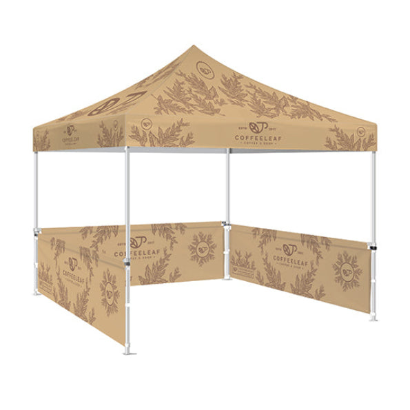 Printed Gazebo Kit  5 - 3M x 3M Gazebo frame with printed canopy / half height left, right & rear walls featuring double sided coffee brand artwork.