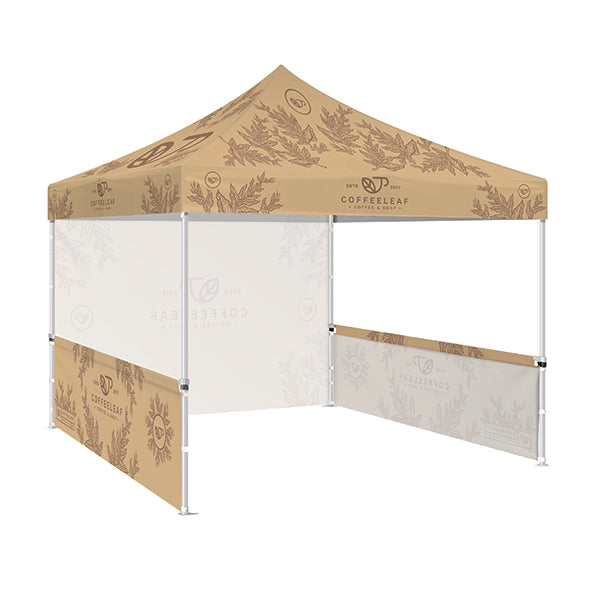 Printed Gazebo Kit  6 - 3M x 3M Gazebo frame with printed canopy  / full height rear / half height left & right walls featuring single sided coffee brand artwork.