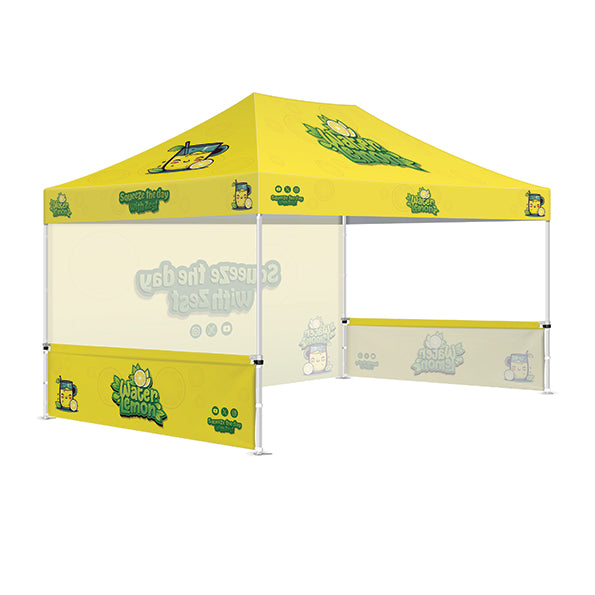 Printed Gazebo Kit  6 - 4.5M x 3M Gazebo frame with printed canopy  / full height rear / half height left & right walls featuring single sided soft drink brand artwork.