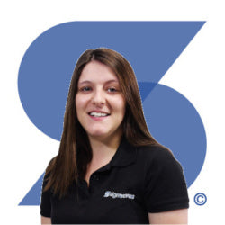 Poppy, Marketing Manager at Signwaves Ltd on top of the brand logo