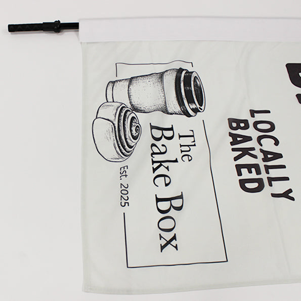 Rectangle flying banner flag featuring white elasticated hem 