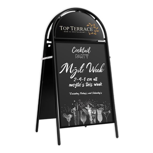 Outdoor advertising board for Top Terrace Bar & Restaurant with cocktail party promotion text.
