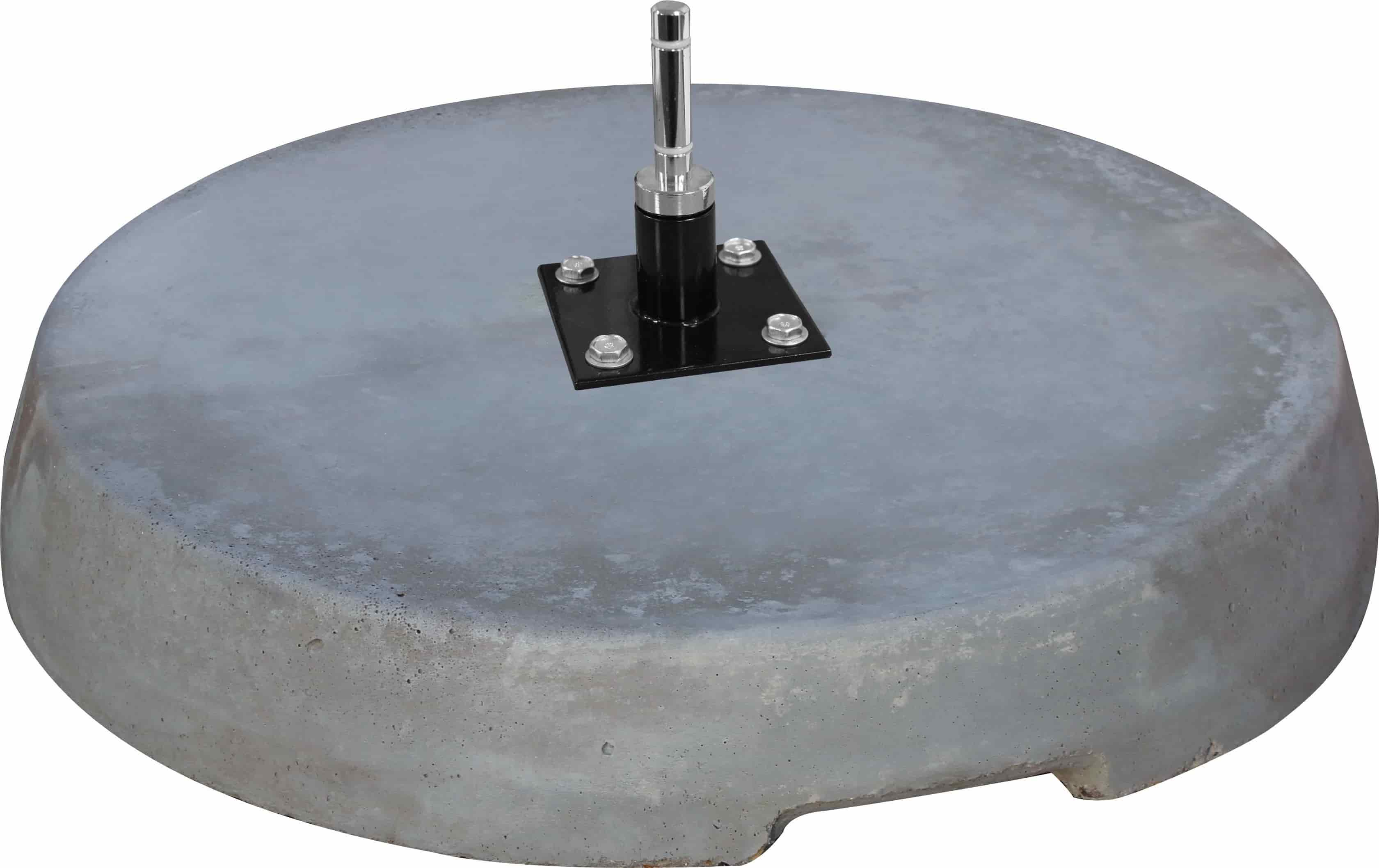 Concrete weight with a metal plate and bolts on a white background