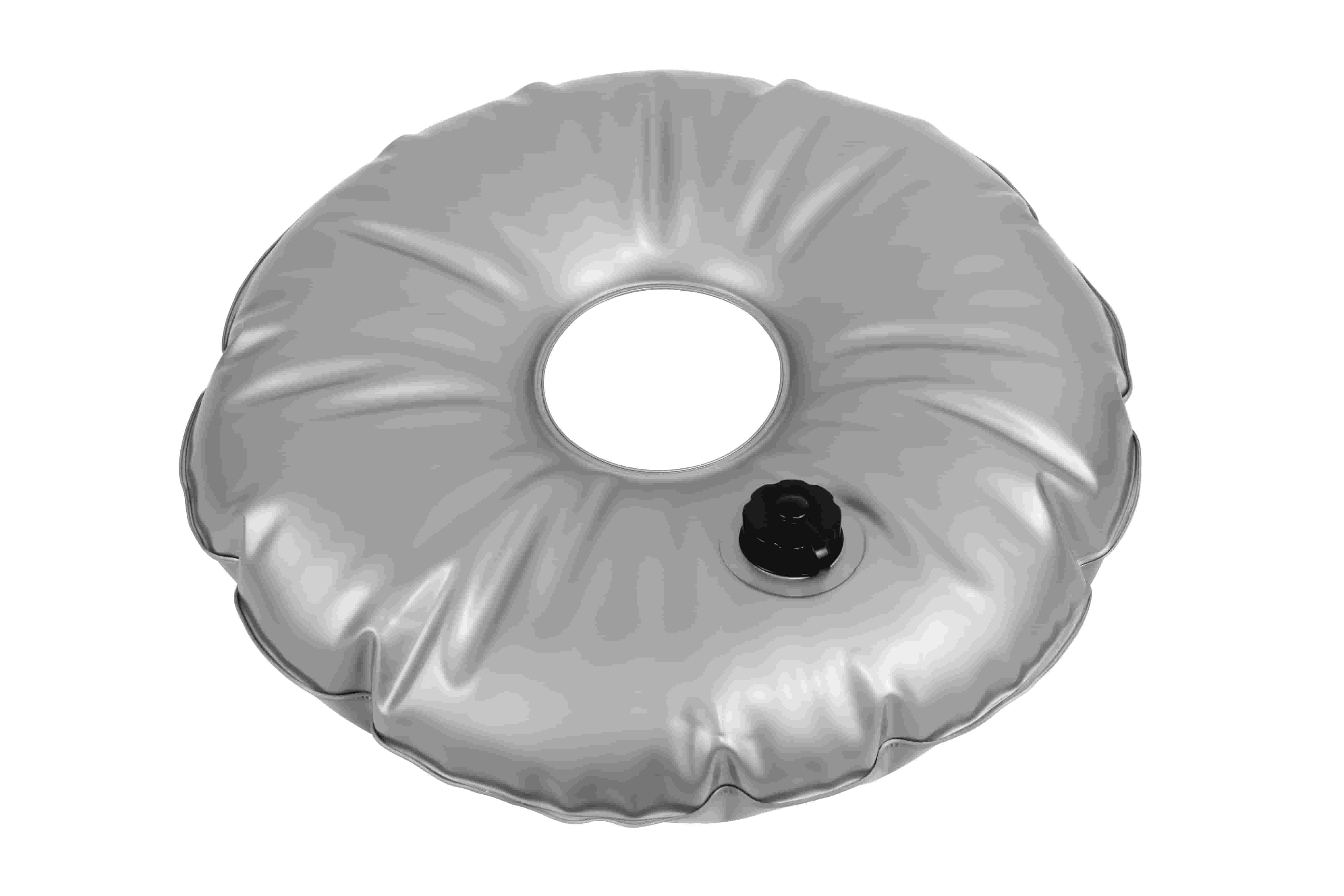 A silver inflatable ring with a black valve, isolated on a white background.