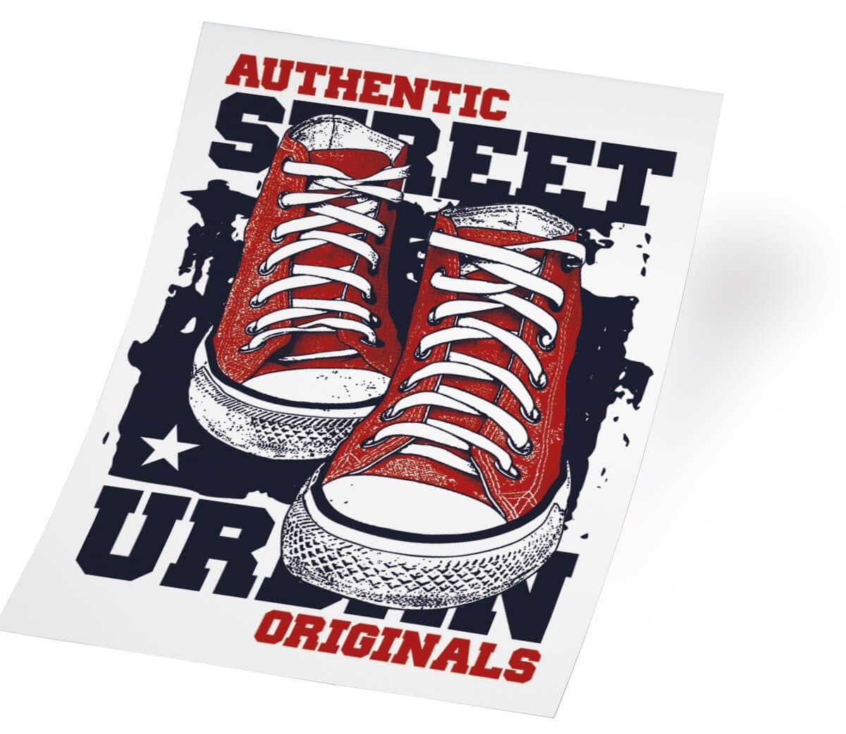 Poster with red sneakers and text 'Authentic Street Urban Originals' on a white background
