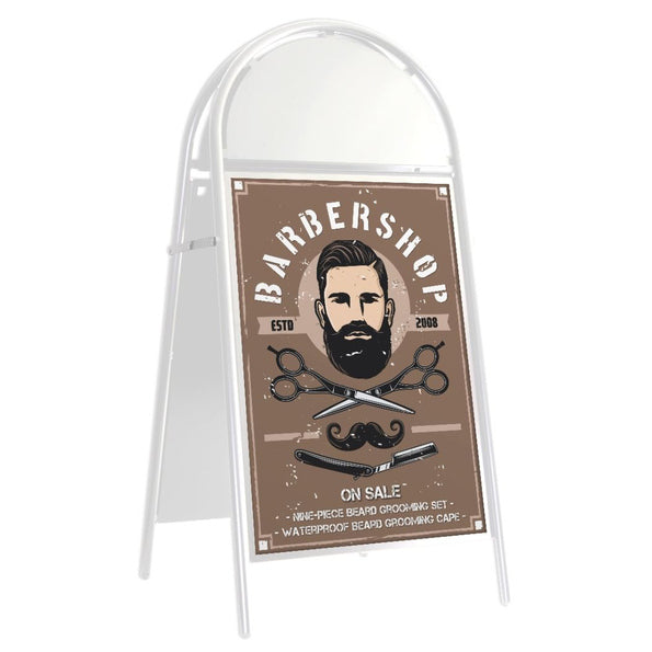 A-frame sign for a barbershop with a beard and mustache design on a white background