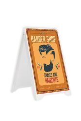 Budget A-Board showing barber artwork