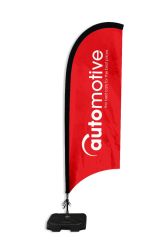 Feather Flying Banner with reinforced elasticated black pole sleeve and Tank Base showing automotive artwork