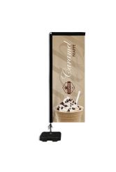 Rectangle Flying Banner with reinforced elasticated black pole sleeve and Tank Base showing coffee artwork