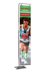 Metal Floor Display Stand with long banner showing sportswear artwork