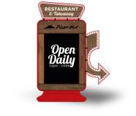 A customised Sentinel free-standing poster display with a red base, and brown wood effect border and the Pizza Hut logo.